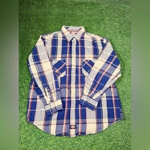 Dickies Men’s XL Plaid Flannel Shirt Blue Tan Red Long Sleeve Button Up Cotton